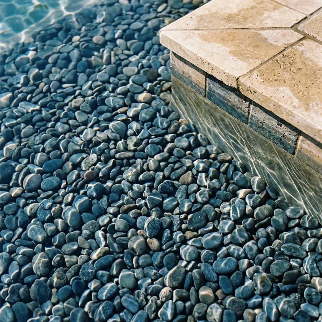 Close-up of a blue-gray pebble pool finish under clear water