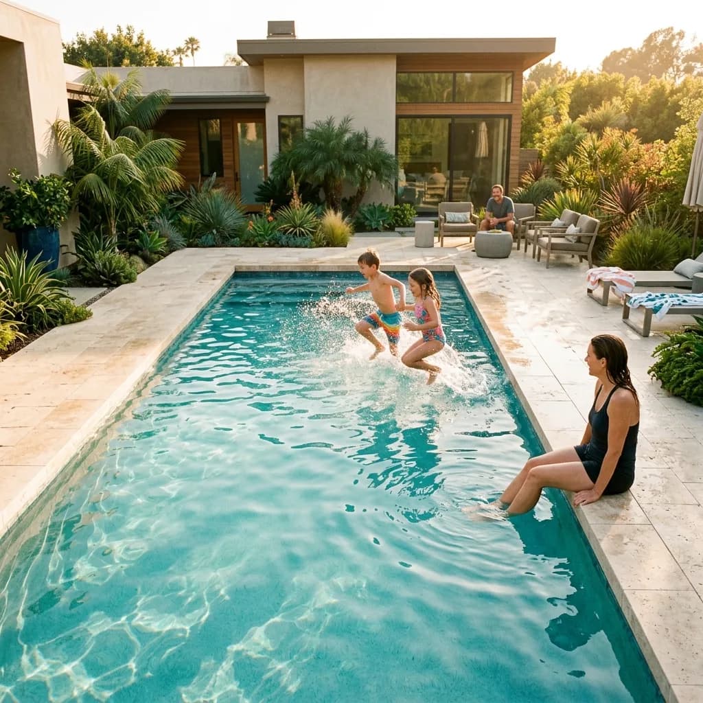 Kids jumping into a backyard pool at golden hour while a parent relaxes on the edge