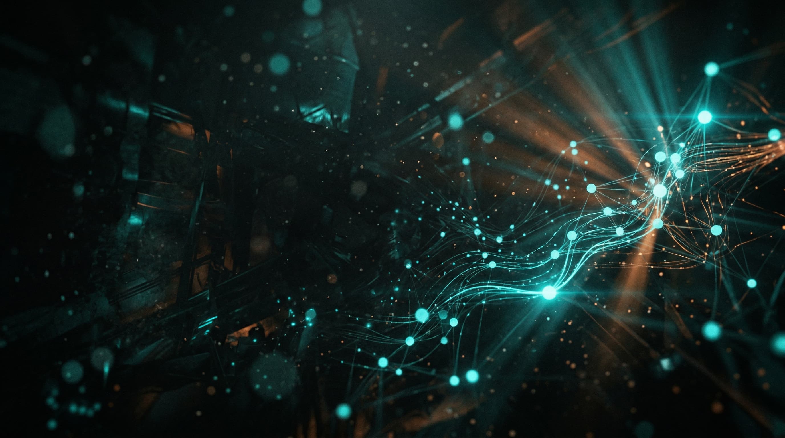 Abstract neural network visualization with teal nodes and warm light rays representing AI-powered website intelligence