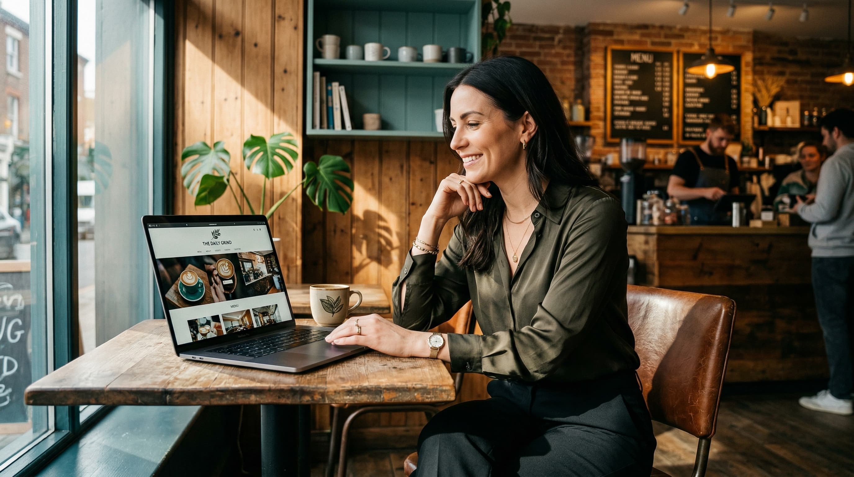 Coffee shop owner admiring her AI-powered website on a laptop