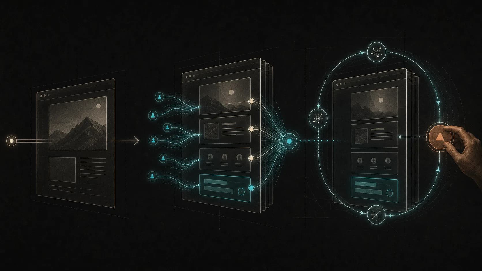A traditional website progressing into a connected lead generation website and then an intelligent feedback loop with human approval