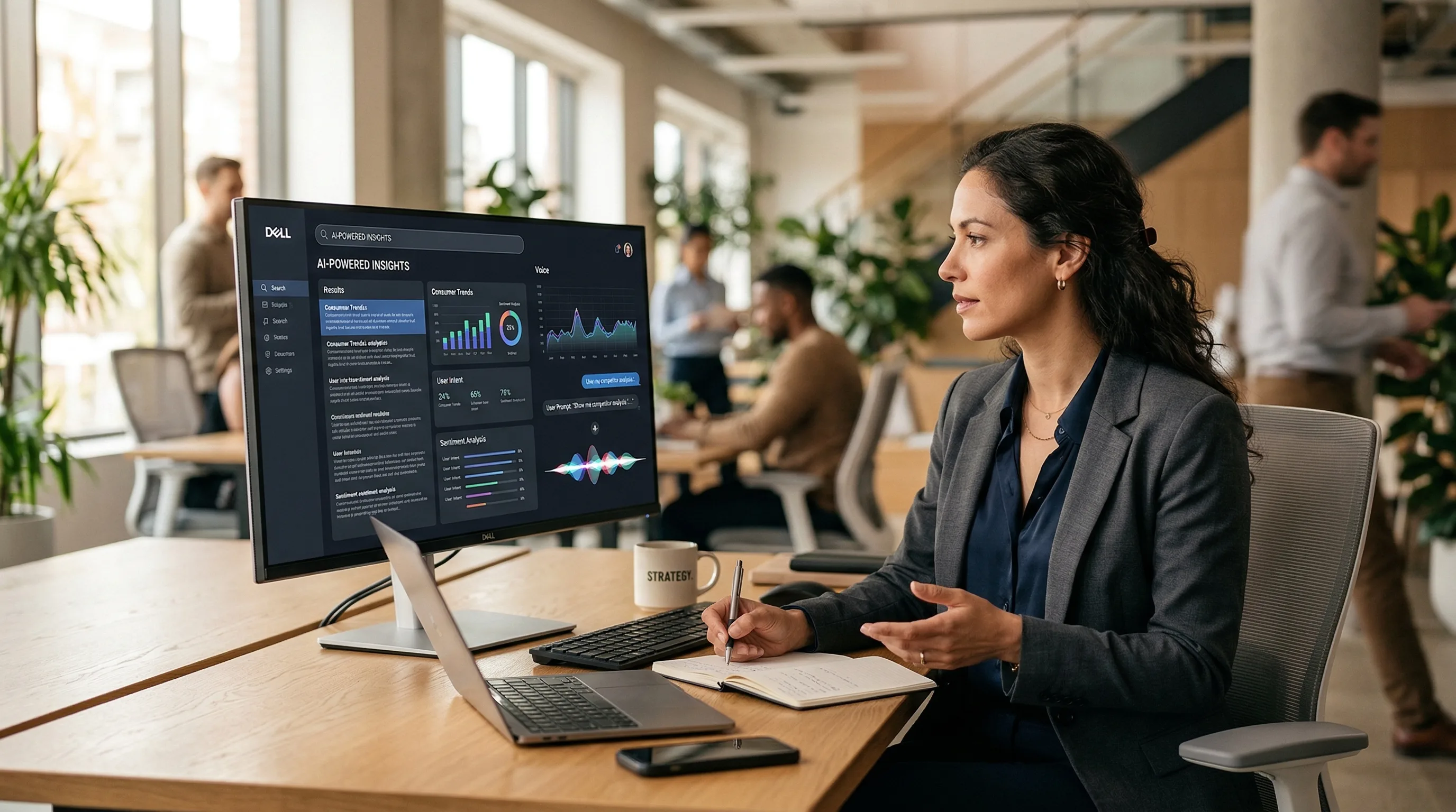 Small business owner reviewing AI search analytics on a laptop in a modern office with warm natural lighting
