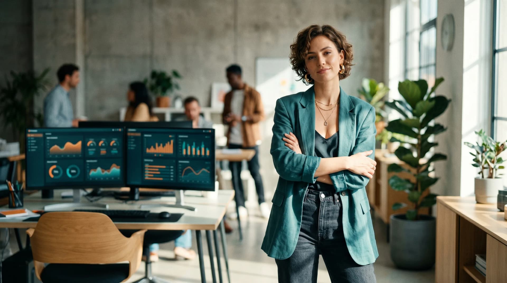 Small business owner reviewing results on a laptop while AI agents run marketing and follow-up in the background