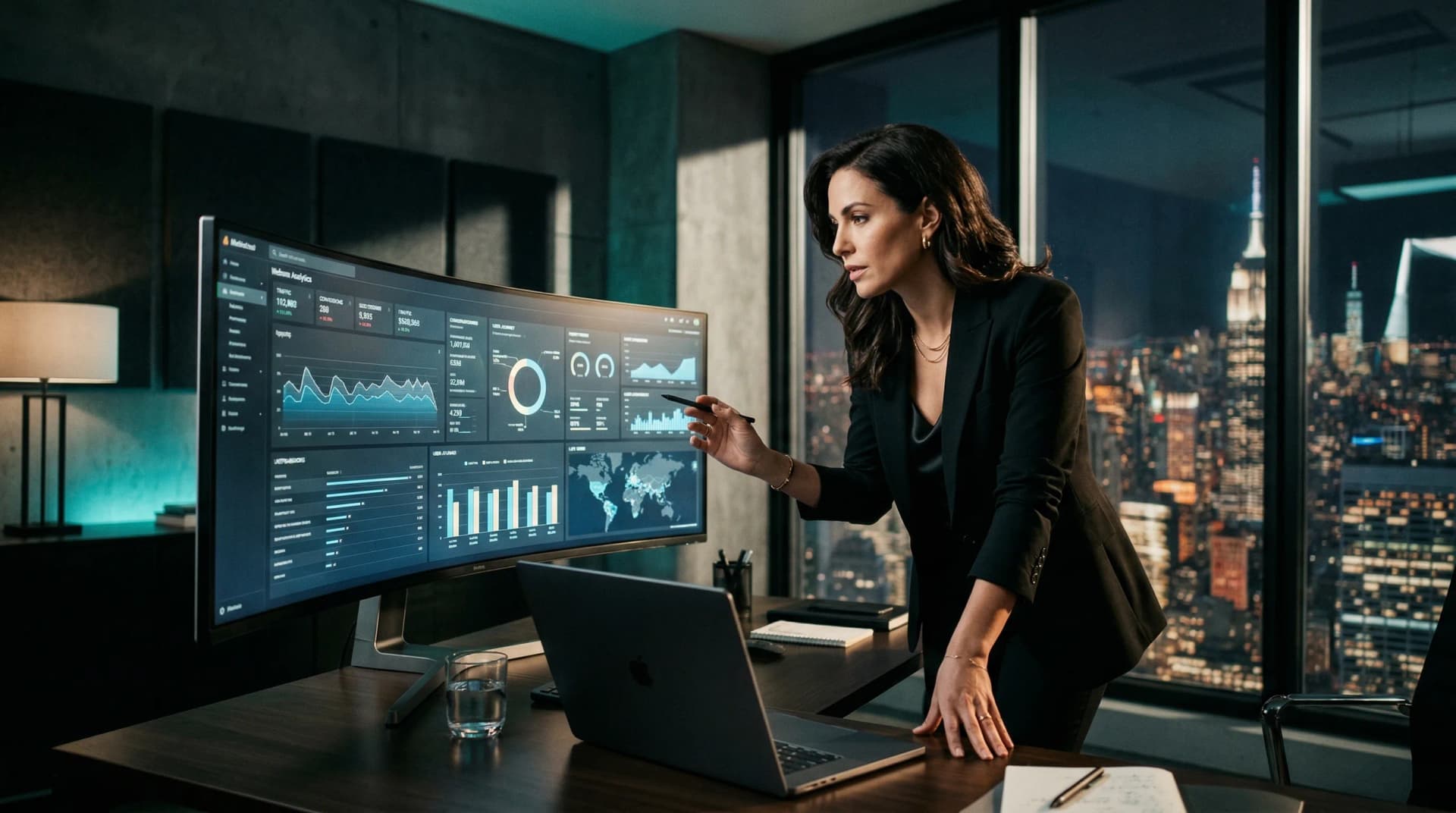 Professional reviewing AI website analytics and performance dashboards on an ultrawide monitor in a modern office