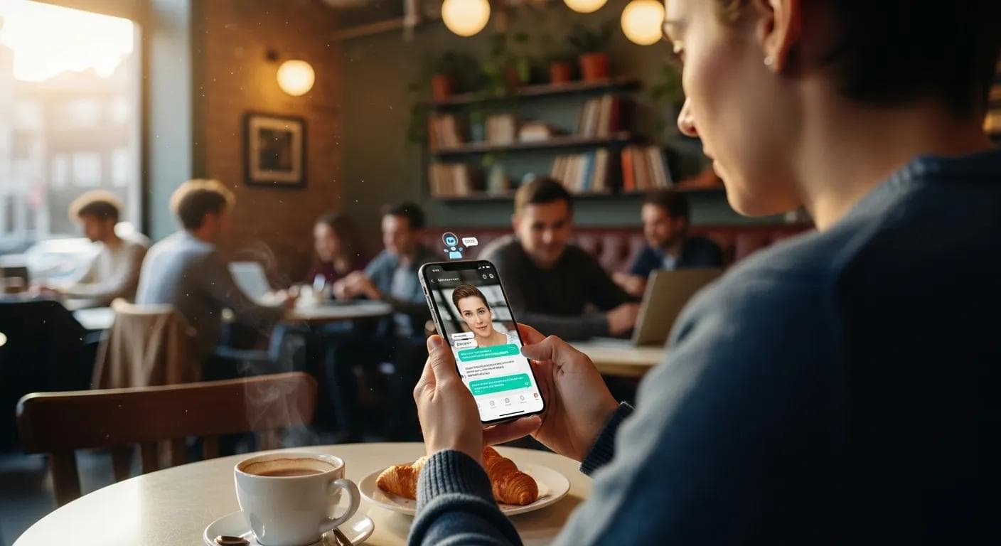 Person chatting with an AI bot on a phone in a café