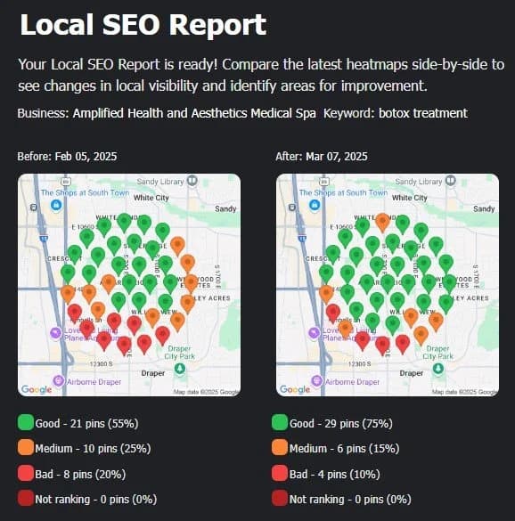 Local SEO before and after results showing dramatic improvement in map rankings
