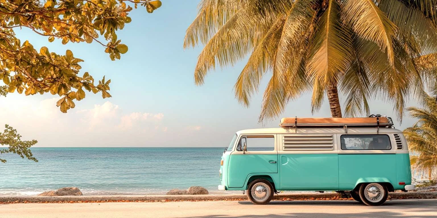 The journey - classic camper van on beach representing business growth journey