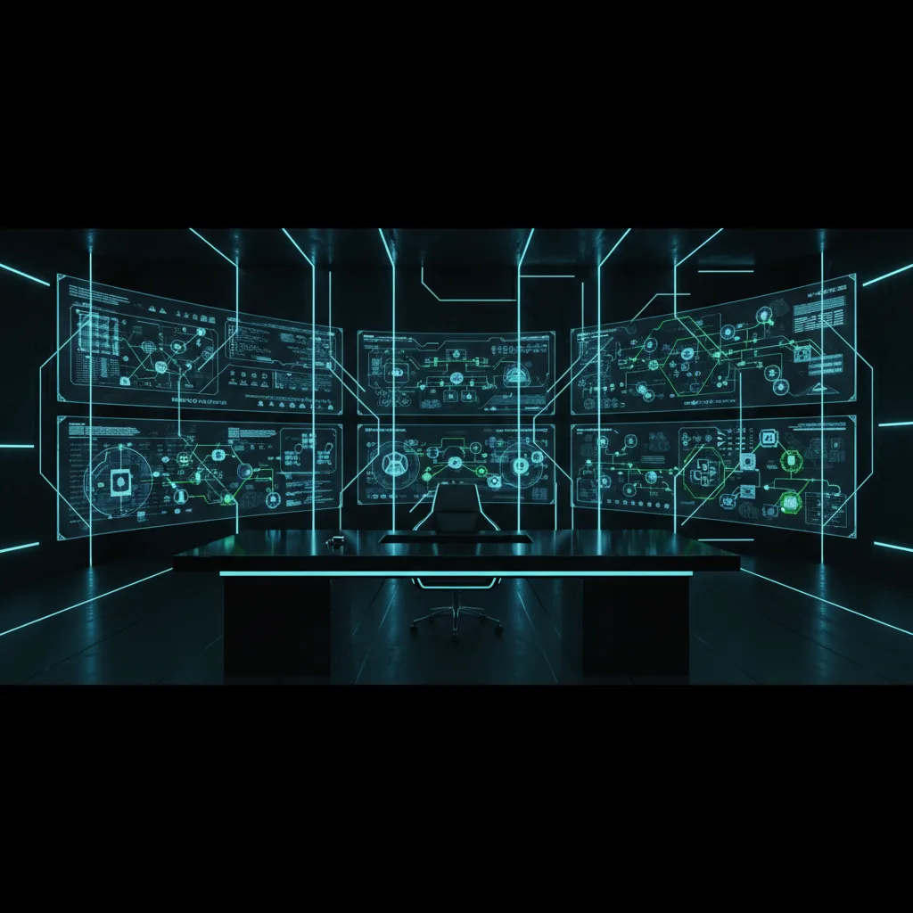 Futuristic dark workspace with holographic automation dashboards and AI agent workflow nodes with cyan neon accents